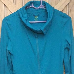Gaiam zip jacket teal small cowl neck with snaps unique style